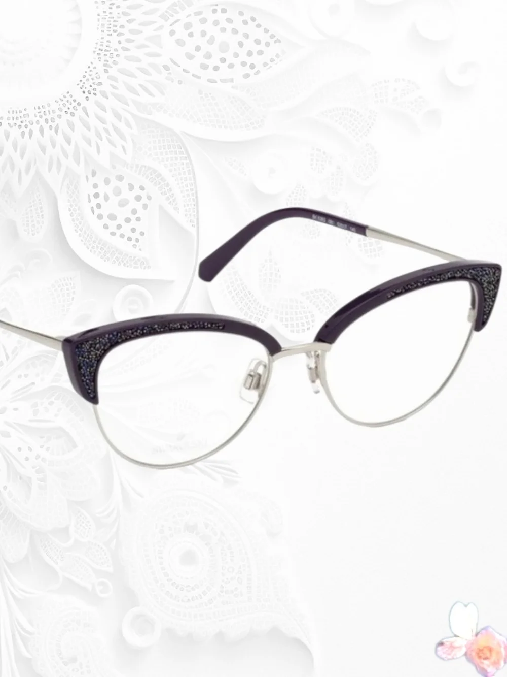 New Swarovski SK5363 081 Crystal Cat-Eye Glasses Purple/Silver 3-2.9